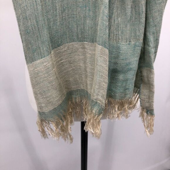 AJ Armani Jeans Unisex Sage Green & Cream Color Block Scarf with Tassels - Picture 10 of 13
